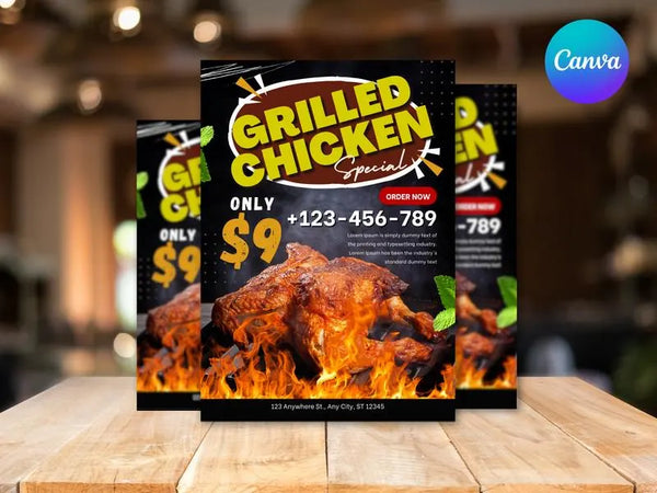 Grilled Chicken Flyer Template, Restaurant Promotion Flyer, Editable Canva Food Poster, BBQ Chicken Menu Design, Instant Download