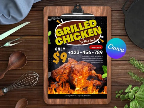 Grilled Chicken Flyer Template, Restaurant Promotion Flyer, Editable Canva Food Poster, BBQ Chicken Menu Design, Instant Download