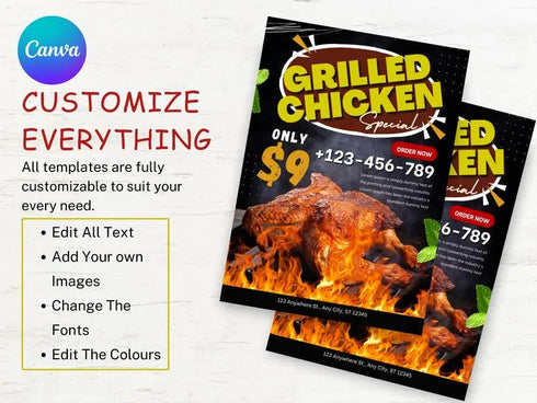 Grilled Chicken Flyer Template, Restaurant Promotion Flyer, Editable Canva Food Poster, BBQ Chicken Menu Design, Instant Download