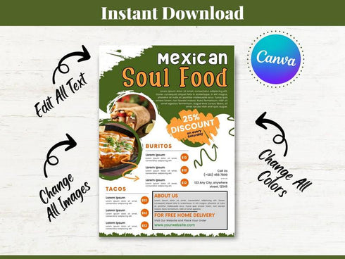 Mexican Soul Food Flyer Template, Restaurant Promotion Flyer, Editable Canva Food Poster, Taco Menu Design, Instant Download