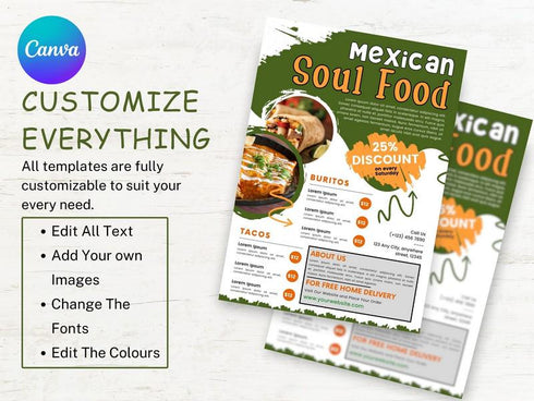 Mexican Soul Food Flyer Template, Restaurant Promotion Flyer, Editable Canva Food Poster, Taco Menu Design, Instant Download