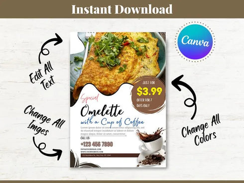 Omelette with Coffee Flyer Template, Breakfast Restaurant Promotion Flyer, Editable Canva Food Poster, Cafe Menu Design, Instant Download