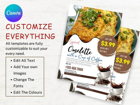 Omelette with Coffee Flyer Template, Breakfast Restaurant Promotion Flyer, Editable Canva Food Poster, Cafe Menu Design, Instant Download