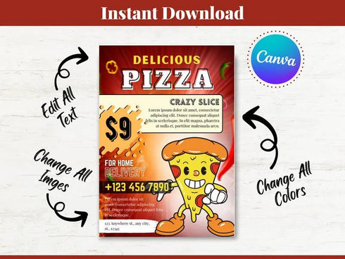 Pizza Crazy Slice Flyer Template, Pizza Restaurant Promotion Flyer, Editable Canva Food Poster, Pizza Menu Design, Instant Download