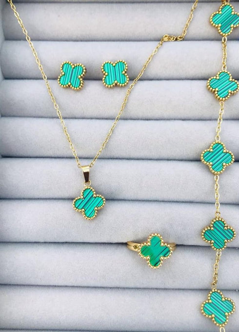 Elegant Green Clover Stainless Steel Set | Premium Gold Plated Necklace Bracelet Ring Gift for Her | Womens Jewelry, Clover Necklace
