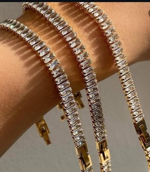 Baguette Crystal Tennis Bracelet | Golden Premium Stainless Steel Bracelet | Luxury Sparkling Bracelet | Women Jewelry | Stackable Bracelet