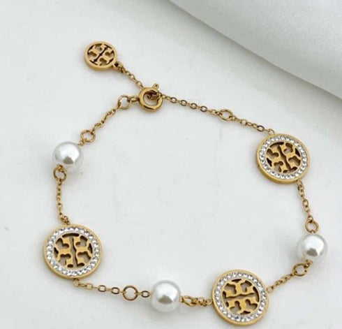Pearl Charm Bracelet | Golden Premium Stainless Steel Bracelet | Crystal Round Charm Bracelet | Women Bracelet | Adjustable Jewelry Gift