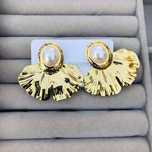 Golden Pearl Earrings | Premium Stainless Steel Earrings | Statement Earrings | Women Jewelry | Luxury Earrings | Fan Shape Earrings