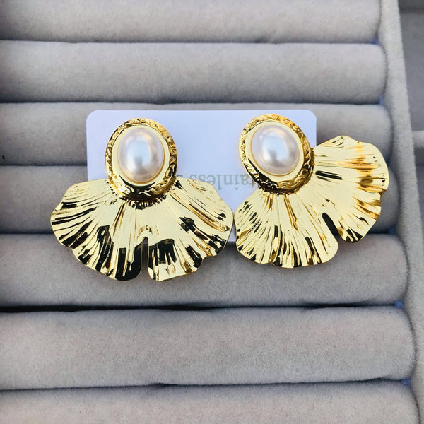 Golden Pearl Earrings | Premium Stainless Steel Earrings | Statement Earrings | Women Jewelry | Luxury Earrings | Fan Shape Earrings